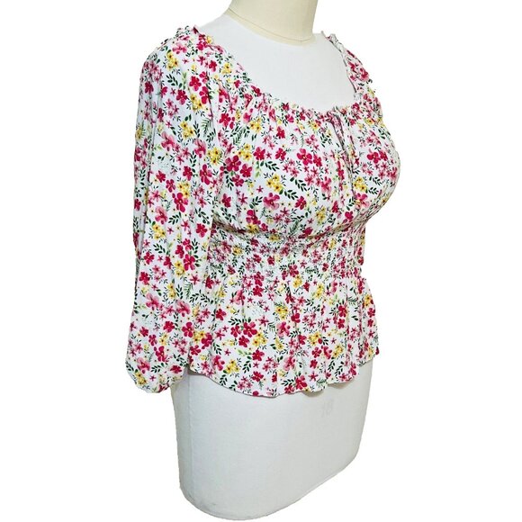 No Boundaries - Women's Junior's White, Pink Floral Print Gathered Peplum XL - Picture 3 of 11
